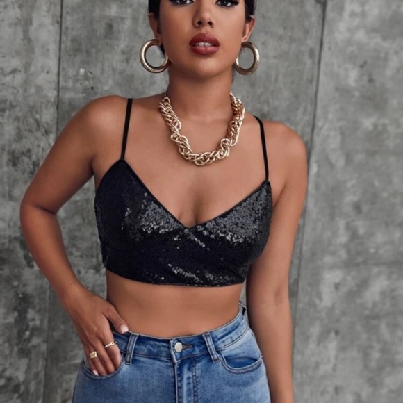 SHEIN exposed zipper back crop sequin cami top NEW - Picture 3 of 7